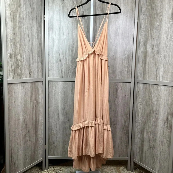 Mable Maxi Dress V Neck Strap Open Back Tiered Nude Color Cotton Size M - Picture 1 of 8